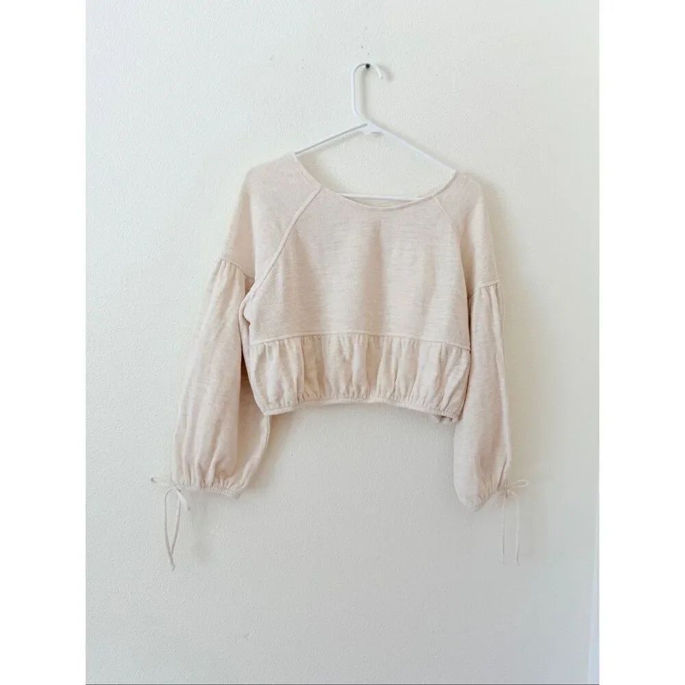 Aerie Endless Summer Cropped Sweatshirt crop AE top Cream off white heather XS